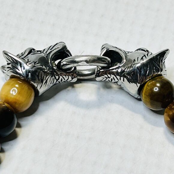 Tigers Eye Wolf Heads Bracelet Stainless Steel, Brown, Stretch, Spiritual Unisex - Picture 3 of 5
